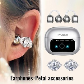 HYUNDAI C02 Clip On Ear Headphones with LCD Full Color Touch Screen, Audio Wireless Headphones for Music & Phone Calls - Color: White+Petal accessories