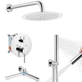 Airuida Shower System with Tub Spout 3-Function Tub Shower Faucet Set Round Rainfall Tub and Shower Faucet Combo with Rough-in Valve 2 Functions Handheld Spray 10 Inch Shower Head Chrome Polish