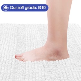 ACCUMTEK Striped White Bathroom Rug Set 3 Pieces Ultra Soft, Non Slip Chenille Toilet Mat, Absorbent Plush Shaggy Bath Mats for Bathroom, Bedroom, Kitchen, Ivory