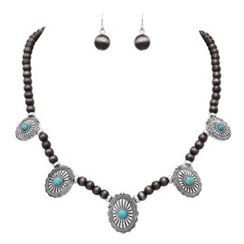 Rosemarie & Jubalee Women’s Cowgirl Chic Western Style Statement Turquoise Howlite Stone Concho Pendant Necklace Earrings Set, 18"+3" Extender (5 Conchs On Navajo Pearl Bead Chain)