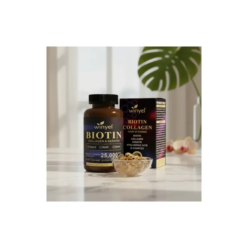 Winyel Biotina Collagen & Keratin 25,000 Mcg 60 Cáps.