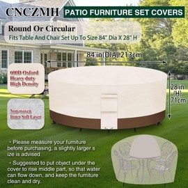 CNCZMH Heavy Duty Patio Furniture Covers Outdoor, Waterproof Round Table Cover 600D Canvas, Large Circular Patio Dining Table And Chair Set Covers 84"DIA x 28"H, Beige Brown
