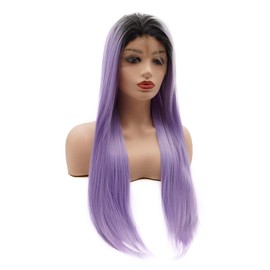 Meiyite Hair Straight Long 24inch Dark Root Light Purple Ombre Heavy Density Realistic Heat Resistant Synthetic Lace Front Wig