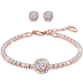 Menton Ezil Fasion Jewelry Tennis Bracelets For Women 18K Gold Plating Adjustable Bracelets And Earring Sets With Crystal For Wife Girlfriend Or Mothers Idea Gift For Mother's day (Rose Gold Set)