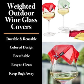 Khen Weighted Outdoor Wine Glass Covers - Set of 4 - Keep Bugs & Winged Pests Off, Drinking Glasses Protect Cover, Breathable Cotton Screen Lid - Picnic, Dinner to Keep Particles Out, Coverware Tops