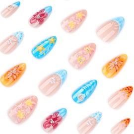 Flower Nail Press ons French Tip Fake Nails Summer Beach Press on Nails Medium Almond Stick on Nails Pearl False Nails with Design Glossy Full Cover Artificial Acrylic for Women Manicure 24Pcs