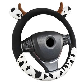 Cow Plush Steering Wheel Cover Universal 15 in Cute Fuzzy Cow Horn Car Steering Wheel Cover Non-Slip Stretchy Cows Print Circular Car Wheels Protector for Auto SUV Sedan Vans Truck Men Women