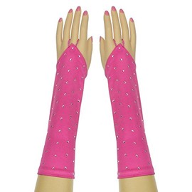 DivaDesigns Bridal Shiny Stretch Satin Fingerless Rhinestone Gloves Below-The-Elbow Length 8BL Fuchsia