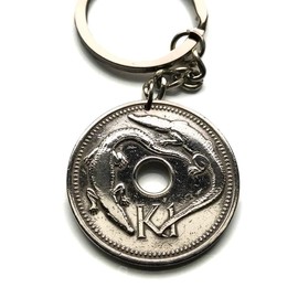 1975 Papua New Guinea Kina coin keychain key ring saltwater freshwater crocodiles salty alligator caiman swamp bird of paradise spear kundu drum Port Moresby Lae Mount Hagen Kokopo Popondetta n001820