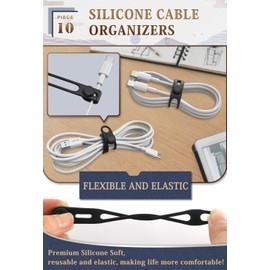 Viaky Silicone Cable Straps Cord Ties, 10Pcs Black Cable Ties With Hook, Reusable Tie Wraps Wire Organizer For USB Charging Cords Earphone HDMI Ethernet Kitchen Appliance PC Wires
