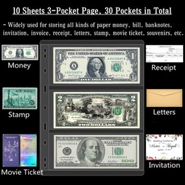 Ettonsun 10 Sheets Paper Money Collection Pages,Currency Sleeves,Currency Holder Collection Supplies Album Pages for Travel Bill Banknote Stamp Paper Souvenirs Storage