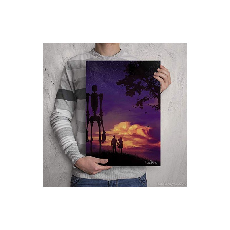 Romantic Sci-Fi Sunset with Robot and Couple Silhouette - Signed