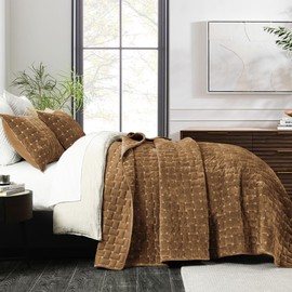 Velvet Quilt Set Queen Size, Luxury Geometric Design, Gold Caramel