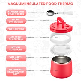 Soup Thermo for Hot Food Kids 14oz Lunch Containers with Buckle Lid Wide Mouth Hot Food Jar Vacuum Insulated Stainless Steel Bento Box Leakproof with Spoon (Red)