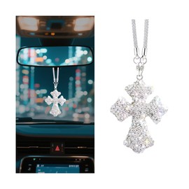 FALVFUN Bling Cross Car Rear View Mirror Hanging Ornament, Crystal Rhinestones Religious Vehicle Rearview Mirror Pendant Charm, Auto Interior Decoration Accessories, Universal Fit (White)