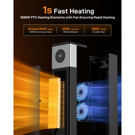 Domenow Space Heaters for Indoor Use, 33" Ceramic Tower Space Heater for Room Heating, Timer and Remote Control, 1500W Fast Heating, 3D Realistic Flame, Digital Display, Overheat Protection