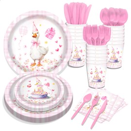 116 Pcs One Silly Goose Birthday Party Supplies 16 Guests Pink Pet Duck Party Decorations Including One Silly Goose Paper Plates Dinner Plates Napkins Cups Set for Pink Pet Duck Themed Celebrations