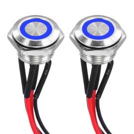 DMiotech 16mm / 5/8" Stainless Steel Momentary Push Button Switch Flat Head 3A 12-24V Silver Shell with Pre-soldered Blue LED Ring Light 1NO, 2Pcs