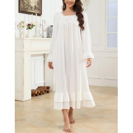 Rubehoow Women's Cotton Nightdress Vintage Embroidery Lace Nightshirt Long Sleeve Sleep Gown with Pockets (XXL,White)
