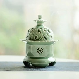 Handcrafted Ceramic Incense Burner (Celadon), Three-Legged Incense Holder for Coil Incense, Stick Incense or Incense Seal, Elegant Chinese Incense Holder for Home Fragrance Decor