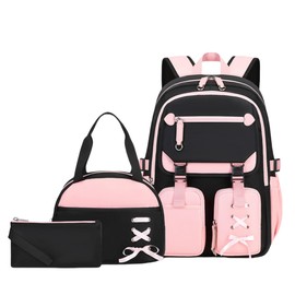 TYHOTULY 3pcs Cute Aesthetic Girls Backpack with Lunch Box Pencil Case Set, Elementary Middle High School Student Book Bag for Kids Teens, Large Capacity Kawaii Preppy Bow Tie Bookbag