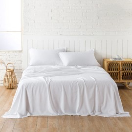 PANDATEX White Linen-Textured Bed Sheets Set, Bamboo Rayon, Cotton, Linen Blend Bed Sheets Queen Size, Soft Cool & Breathable for Hot Sleepers,Durable Natural Organic Bed 15'' Deep Pocket - 4 Piece