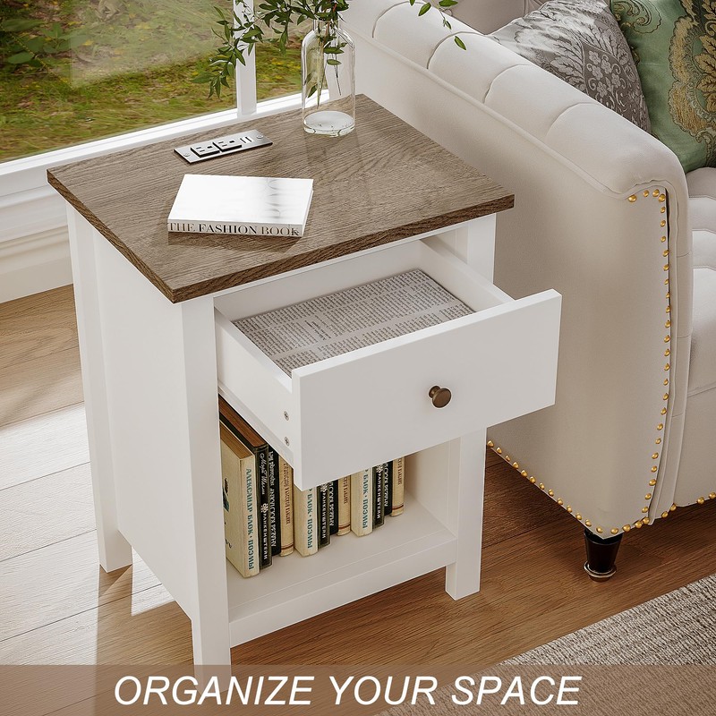 ChooChoo Farmhouse Nightstand with Charging Station, Wooden Top Bedside End