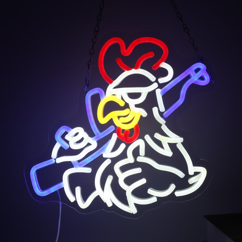 Chicken Shooting Neon Sign for Game Room, Rifle Led Sign