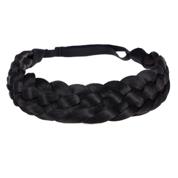 (1B) - Winopey 5 strands synthetic hair braided headband wig classic thick wide braided elastic multicolor silk headband ladies beauty headdress (1B)