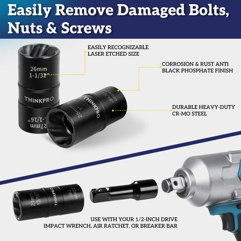 Thinkpro Lug Nut Removal Tool,5 piece Wheel Lock Remover Kit，Double