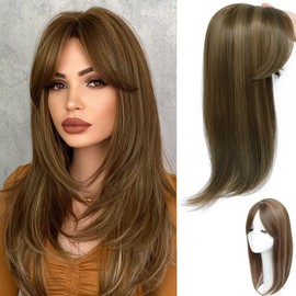 RMYHIG Hair Topper, 360° 3D Hair Toppers for Women with Thinning, 18 Inch Long Pieces for Women Clip in Middle Part Bangs (Dark Brown with High lights, 3D Side Bangs)