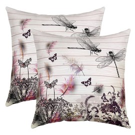 Feelyou Dragonfly Throw Pillow Covers 20"x20" Set of 2 Soft Gifts for Women Decorative Throw Pillowcases for Kids Teens Animal Pillow Cases Cushion Covers Wood Grain Beige Black Cushion Cases