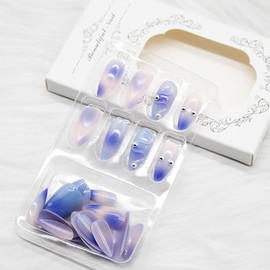 Almond Press on Nails Pointed Fake Nails Acrylic Stick on Nails 3D Snake Design Pattern with Silver Rhinestones Press on Nails Marble Blue Full Cover False Nails for Women Girls 24Pcs