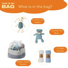 Caddy Basket - New Baby Gift Set. New Born Baby Gift Set. Gender Reveal - 5 piece set includes: Reusable Caddy, Crochet Rabbit and Bear and 2 X Muslins - This Is My Bag