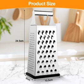 Square Grater, Stainless Steel, 4-Sided Kitchen Grater for Medium, Fine and Microfine and Slicing, Grater for Vegetables with Non-Slip Base, Cheese Grater, Vegetable Grater, Potato Grater, Rasp