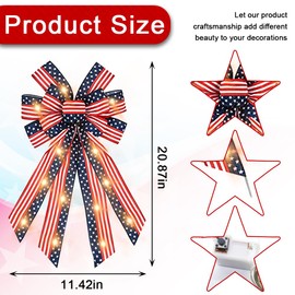 ABTOLS Large LED Patriotic Wreath Bows for Front Door, Veterans Day Red Blue White Stripes Bows for Wreath American Flag Bows for Indoor Outdoor Memorial Day Party Door Wall Fence Decor