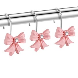 Ganchos decorativos para cortina de ducha, 12 ganchos de ducha con nudo de lazo rosa para anillos de cortina de baño, ganchos de cortina de resina resistentes a la corrosión
