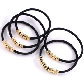 WDGROW Stretch Hair Ties Wrist Bracelet for Teen Girls,Women,14K Golden Plated Beads,Seamless Ponytail Hair Ties,Cotton Knotted,No Plastic,No Damage,Won't Tangle Hair and Pull Out (DARK)