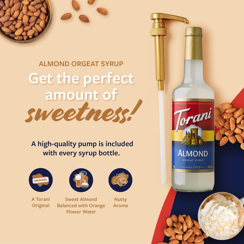 Torani Coffee Syrup, Almond Orgeat Flavored Syrup for Drinks, Glass