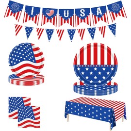 Tayuvira Patriotic Party Supplies,4th of July Decorations Outdoor,Fourth of July plates and napkins sets,Red White Blue Tableware Disposable Banner,Tablecloth for Independence Day, Memorial Day