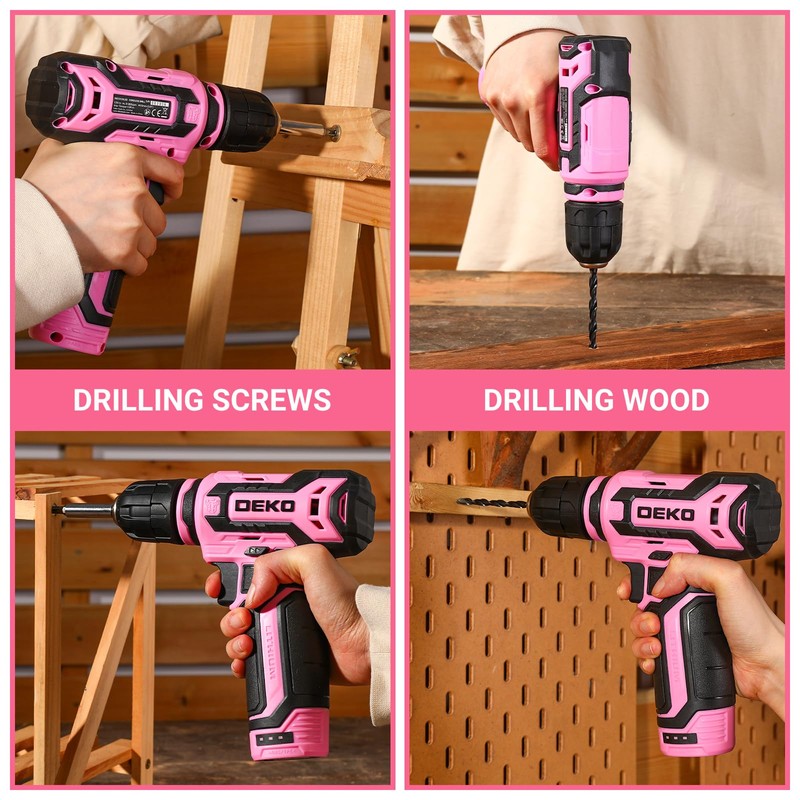 Cordless Drill：DEKOPRO 12V Power Drill Set with Pink 800RPM Electric