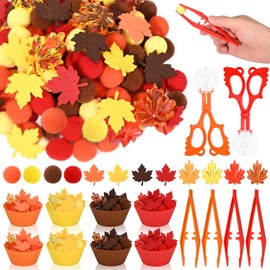 254Pcs Fall Sensory Bin Fillers Thanksgiving Fine Motor Toys Fall Thanksgiving Decorations Pompoms Maple Leaf Cups Tweezers Scissor Clips for Fall Early Education Sorting Counting Training Development