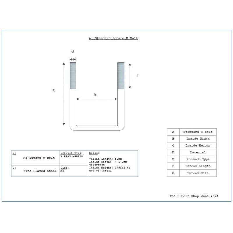 U Bolt Square M8 Thread 60mm Inner Width x 100mm