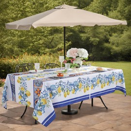 Summer Outdoor Tablecloth with Umbrella Hole and Zipper, Lemon Table Cloth for Rectangle Tables, Water Resistant Rectangular Polyester Table Cover for Outdoor / Picnic / Patio, 60 x 84 Inch, White