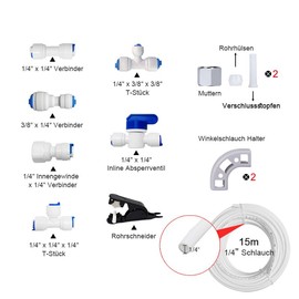 Universal Water Inlet Pipe Connection Set, for Osmosis System, Drinking Water Tap without Air Gap, 15 m 1/4 Inch Hose with Connectors, T-Pieces, Shut-Off Valve, Pipe Cutter and Mounting Accessories