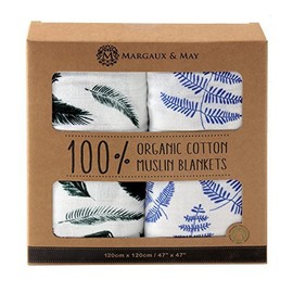 Organic Muslin Swaddle Blankets by Margaux & May - Blue Fern & Green Feather - 47 x 47 inch Ultra Soft Muslin Swaddle Blankets