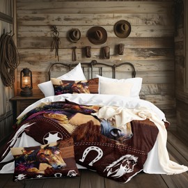 CCoutueChen Cowhide Comforter Set Queen Size, Brown Horse Western Cowboy Lightweight Comforter for Adult, 3Pieces Rustic Country Style Decor Bedding Set for All Season,2 Pillowcases