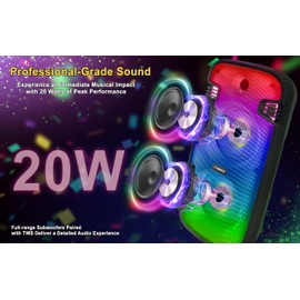 Fisher Bluetooth PA Stereo Speakers System-Karaoke Portable Wireless DJ, Dual 6.5" 20W Peak Power, Loud HD Sound & LED Lights, Rechargeable, USB, TWS, FM Radio, Indoor/Outdoor Party