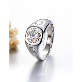 CannyCat Bezel Set Moissanite Rings for Women Men 3 CTTW 3-Stone Moissanite Engagement Anniversary Promise Ring Center 2 ct with side 0.5 ct VVS D-color Moissanite Platinum-Plated Silver Wide Band (5)