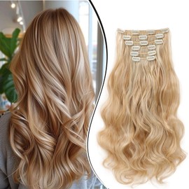 Dcbaboo Clip-In Hair Extensions, Wavy Clip-In Hairpiece, Wavy 6 Pieces, 55 cm, Synthetic Hair Extensions with Clips, Curly Curls, Long Hair Extensions for Women, Honey Blonde & Bleach Blonde